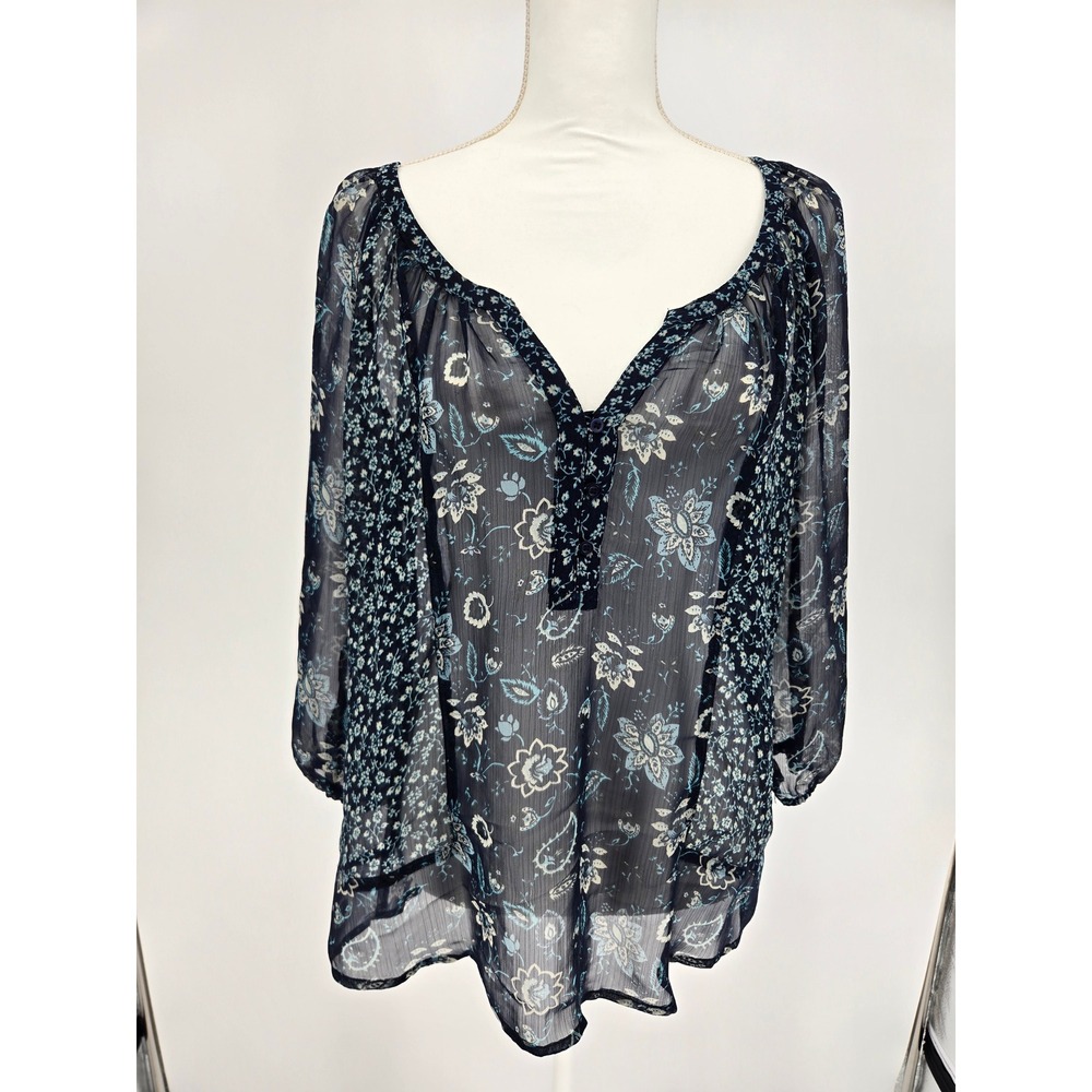 Maurices‎ Womens Navy Blue Floral Paisley Sheer Chiffon Peasant Blouse Large